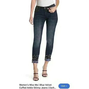 MISS ME Womens 25 Ankle Skinny Jeans Cuffed Velvet Jewel Gem Rhinestone Bling